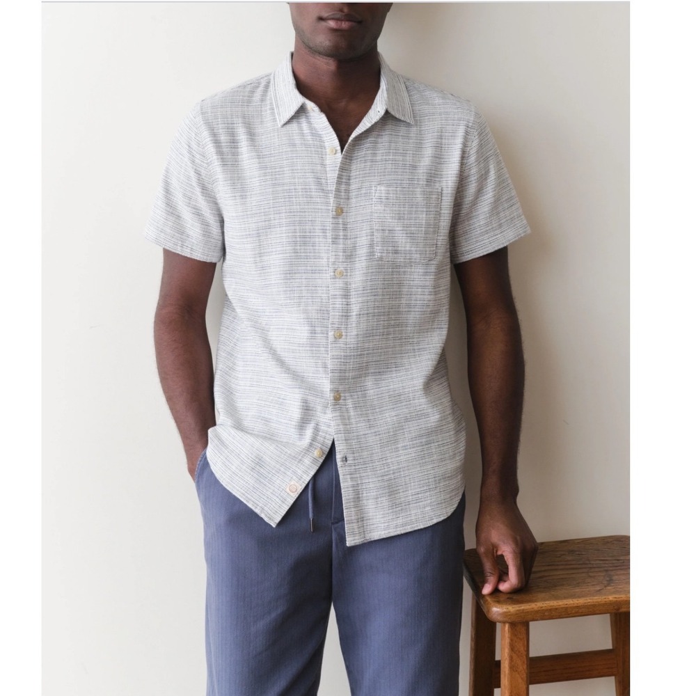 Marine Layer Mens Large Blue White Striped Linen Blend Short Sleeve Button Down